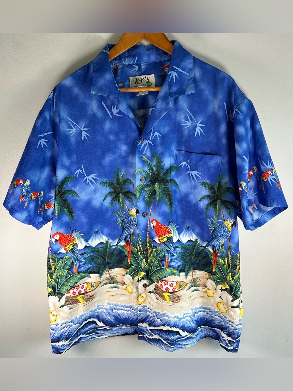 KY's Camp Hawaiian Shirt Mens XL Aloha Beach Parrots Made in Hawaii USA Vintage